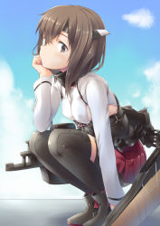 Rule 34 | 10s, 1girl, bike shorts, blue sky, breasts, brown eyes, brown hair, head rest, day, covered erect nipples, flight deck, headgear, highres, kantai collection, long sleeves, looking at viewer, medium breasts, pleated skirt, red skirt, short hair, skirt, sky, solo, spirytus tarou, squatting, taihou (kancolle), thighhighs