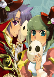 Rule 34 | 1boy, 1girl, blue eyes, capelet, closed mouth, commentary request, dress, fingerless gloves, flower, fur-trimmed capelet, fur trim, gloves, goblin mask, green hair, hat, hat flower, high collar, high priest (ragnarok online), high wizard (ragnarok online), holding, holding mask, juliet sleeves, leaf, long sleeves, looking at viewer, mask, otsuki (tm3n), pink flower, puffy sleeves, purple eyes, purple hair, ragnarok online, red capelet, red dress, red headwear, shirt, short hair, smile, top hat, two-tone dress, upper body, white dress, white flower, white gloves, white shirt
