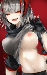 Rule 34 | 1girl, akasabi, arknights, black gloves, black scarf, breasts, clothes lift, commentary request, fangs, fingerless gloves, gloves, gradient background, grey shirt, highres, lifting own clothes, looking at viewer, medium breasts, navel, nipples, open mouth, orange eyes, red background, scarf, shirt, shirt lift, short hair, silver hair, slit pupils, smile, solo, sweat, teeth, w (arknights)