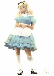 Rule 34 | alice (alice in wonderland), alice in wonderland, blonde hair, lips, neg, realistic, ribbon, simple background, solo