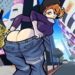 Rule 34 | 1girl, ass, baggy pants, bare shoulders, beret, breasts, brown eyes, butt crack, clothes pull, commentary, crop top, english commentary, hair over one eye, hat, kanon (ntwewy), looking back, open mouth, orange hair, pants, pants pull, shin subarashiki kono sekai, solo, subarashiki kono sekai, tachibana kanon, valmar