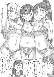 Rule 34 | !, !!, &gt; &lt;, ..., 4girls, angry, animal print, arm behind head, arm up, bikini, blush, breast press, breasts, chinese zodiac, clenched hands, closed mouth, collarbone, commentary, cow print, finger to mouth, from below, greyscale, hair between eyes, hair ribbon, hairband, half-closed eyes, hazuki ren, heanna sumire, imagining, large breasts, long hair, looking at viewer, looking down, love live!, love live! superstar!!, marugoshi teppei, medium breasts, medium hair, monochrome, motion lines, multiple girls, navel, open mouth, parted lips, ponytail, ribbon, school uniform, seductive smile, shibuya kanon, short hair, shouting, sideboob, smile, speech bubble, swimsuit, tang keke, thinking, translated, underboob, white background, year of the ox, yuigaoka school uniform