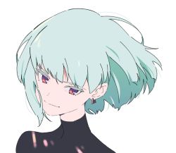Rule 34 | 1boy, bad id, bad twitter id, bishounen, close-up, closed mouth, earrings, green hair, jewelry, lio fotia, looking at viewer, male focus, promare, purple eyes, shirikon, short hair, simple background, smile, solo, white background
