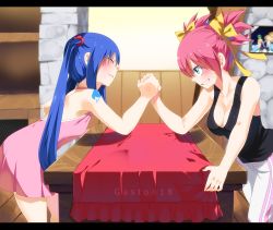 Rule 34 | 2girls, arm wrestling, artist name, backless dress, backless outfit, bare shoulders, blue eyes, blue hair, blush, bow, brandish mew, breasts, cleavage, closed eyes, collarbone, dress, fairy tail, gaston18, hair between eyes, hair bow, highres, indoors, letterboxed, long hair, lucy heartfilia, medium breasts, multiple girls, pants, photo (object), pink hair, sheria blendy, shirt, short hair, shoulder tattoo, sleeveless, standing, sweat, table, tattoo, teeth, twintails, watermark, wendy marvell