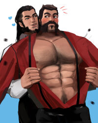 Rule 34 | 2boys, abs, bara, bare pectorals, beard, black hair, blush, chest hair, cowboy shot, facial hair, graves (league of legends), hair slicked back, highres, large pectorals, league of legends, male focus, mature male, multiple boys, muscular, muscular male, mutton chops, navel, navel hair, nipples, notice lines, open clothes, open shirt, pectorals, reach-around, short hair, sideburns, sociopotato1, stomach, suspenders, thick eyebrows, twisted fate, undressing another, yaoi