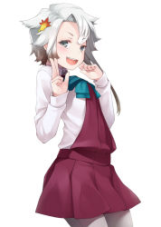 Rule 34 | 1girl, akishimo (kancolle), aqua bow, aqua bowtie, asymmetrical bangs, asymmetrical hair, bow, bowtie, brown hair, commentary, cowboy shot, gradient hair, grey eyes, grey pantyhose, hair ornament, halterneck, kantai collection, long sleeves, looking at viewer, mofu namako, multicolored hair, open mouth, pantyhose, school uniform, shirt, short hair with long locks, silver hair, simple background, smile, solo, standing, upper body, v, white background, white shirt
