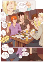 alcohol beer beer_mug camera chopsticks group_picture haikyuu!! hand_in_pants hinata_shouyou kageyama_tobio mug reallycorking taking_picture tsukishima_kei yaoi