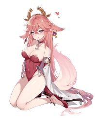 Rule 34 | 1girl, absurdres, alternate costume, animal ears, anklet, artist logo, bare legs, bare shoulders, blush, breasts, choker, cleavage, closed mouth, commentary, covered navel, crossed bangs, detached sleeves, earrings, eyelashes, flower knot, fox ears, fox girl, fox tail, full body, genshin impact, hair between eyes, headpiece, heart, high heels, highleg, highleg leotard, highres, jewelry, kneeling, large breasts, leotard, licking lips, long hair, looking at viewer, low-tied long hair, mandy (moniponichan), neck tassel, pink hair, playboy bunny, purple eyes, red choker, red footwear, red leotard, simple background, smile, solo, strapless, strapless leotard, tail, tassel, thighs, tongue, tongue out, v-shaped eyebrows, very long hair, white background, wide sleeves, yae miko