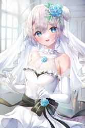 Rule 34 | 1girl, absurdres, ahoge, bad id, bad pixiv id, bare shoulders, black bow, blue eyes, blue flower, blue rose, blush, bow, breasts, bridal veil, bride, cleavage, collarbone, commentary request, cowboy shot, dasha, dress, earrings, elbow gloves, flower, gloves, hair bun, hair flower, hair ornament, highres, huge filesize, indoors, jewelry, looking at viewer, open mouth, original, rose, see-through, short hair, side bun, silver hair, single hair bun, single side bun, small breasts, solo, veil, wedding dress, white gloves