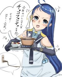 Rule 34 | 1girl, ahoge, black gloves, black sailor collar, blue eyes, blue hair, blue neckerchief, commentary request, cooking pot, elbow gloves, electric plug, electrical outlet, gloves, gradient hair, highres, kantai collection, long hair, looking at viewer, multicolored hair, neckerchief, origin/release/creation, sailor collar, samidare (kancolle), school uniform, serafuku, shirt, simple background, skirt, sleeveless, sleeveless shirt, solo, swept bangs, translation request, tray, very long hair, white background, white shirt, white skirt