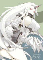 Rule 34 | 10s, 1girl, 2014, abyssal ship, breasts, claws, dated, detached sleeves, dress, horns, huge breasts, kantai collection, long hair, pale skin, pureji oshou, red eyes, ribbed dress, seaport princess, short dress, sideboob, single horn, twitter username, white hair