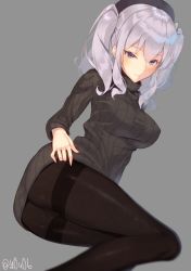 Rule 34 | 10s, 1girl, ass, beret, black pantyhose, black sweater, blue eyes, blush, breasts, crotch seam, female focus, grey background, hat, kantai collection, kashima (kancolle), large breasts, long hair, looking at viewer, pantyhose, silver hair, simple background, smile, solo, sweater, thighband pantyhose, tsurime, twintails, wavy hair, you06