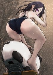 Rule 34 | 1girl, ass, back, barefoot, black hair, black one-piece swimsuit, cameltoe, highres, long hair, looking at viewer, mochoi soku, one-piece swimsuit, original, purple eyes, riding, school swimsuit, solo, spring rider, swimsuit, v