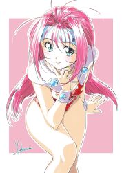 Rule 34 | 1girl, absurdres, antenna hair, aqua eyes, artist name, breasts, commentary, hair intakes, headband, highres, leotard, long hair, looking at viewer, macross, macross 7, mylene jenius, pink background, pink hair, red leotard, simple background, sitting, sleeveless, solo, symbol-only commentary, thighs, wristband, yoshinaga masahiro