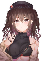Rule 34 | 1girl, absurdres, black bra, black hat, black sweater, blush, bra, brown coat, brown eyes, brown hair, closed mouth, clothes lift, coat, earrings, hair between eyes, hat, highres, idolmaster, idolmaster cinderella girls, jewelry, lifted by self, long hair, looking at viewer, mole, mole under eye, off shoulder, open clothes, open coat, ribbon-trimmed bra, simple background, sleeveless, sleeveless sweater, solo, sunazuka akira, sunhyun, sweater, sweater lift, turtleneck, turtleneck sweater, two side up, underwear, white background