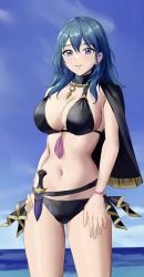 Rule 34 | 1girl, amayo thranana, bikini, black bikini, black cape, blue eyes, blue hair, blue sky, breasts, byleth (female) (fire emblem), byleth (female) (summer) (fire emblem), byleth (fire emblem), cape, cleavage, closed mouth, cloud, collarbone, commentary request, cowboy shot, dagger, day, fire emblem, fire emblem: three houses, fire emblem heroes, hair between eyes, hand on own hip, highres, knife, large breasts, long hair, looking at viewer, midriff, navel, nintendo, ocean, sheath, sheathed, sidelocks, single bare shoulder, sky, smile, solo, standing, swimsuit, tassel, weapon, wristband