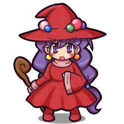 Rule 34 | 1girl, :o, blush, boots, dress, eruru (erl), full body, hat, jewelry, long hair, low-tied long hair, monster maker, open mouth, purple eyes, purple hair, rufia (monster maker), simple background, solo, wand, white background, witch, witch hat
