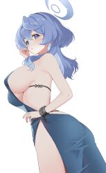 Rule 34 | 1girl, ako (blue archive), ako (dress) (blue archive), ass, backless dress, backless outfit, blue archive, blue dress, blue eyes, blue hair, blue halo, blush, breasts, cleavage, collarbone, cuffs, dress, hair between eyes, halo, handcuffs, highres, large breasts, long hair, official alternate costume, parted lips, seoki (hi3031), sideboob, simple background, sleeveless, sleeveless dress, solo, white background