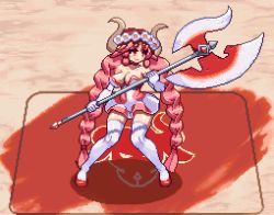 Rule 34 | 1girl, animated, animated gif, axe, bare shoulders, battle axe, blinking, bouncing breasts, bouncing hair, braid, breasts, commentary request, dress, dungeon maker, emma (dungeon maker), flower wreath, full body, horns, huge weapon, knees together feet apart, large breasts, long hair, migel futoshi, pink hair, red eyes, smile, solo, thighhighs, twin braids, very long hair, weapon