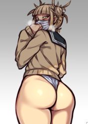 Rule 34 | 1girl, absurdres, artist name, ass, ass focus, bags under eyes, blonde hair, blue sailor collar, blunt bangs, blush, boku no hero academia, cardigan, double bun, from side, gradient background, grey background, hair bun, hair up, hand up, highleg, highleg panties, highres, looking at viewer, looking back, mask, messy hair, mouth mask, nikuatsu magician shinbo, no pants, panties, sailor collar, school uniform, serafuku, sidelocks, slit pupils, solo, steam, surgical mask, thick thighs, thighs, toga himiko, underwear, white panties, yellow cardigan, yellow eyes