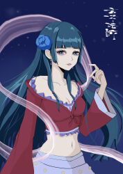 1girl absurdres blue_eyes breasts cleavage earrings flower genmaihoshi hair_flower hair_ornament highres jewelry kusuriya_no_hitorigoto long_hair long_sleeves looking_at_viewer maomao_(kusuriya_no_hitorigoto) navel night outdoors solo