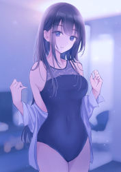 Rule 34 | 1girl, black eyes, black hair, black leotard, blurry, blurry background, breasts, commentary request, covered navel, cowboy shot, dress shirt, highres, leotard, long hair, looking at viewer, medium breasts, nagidango, night, open clothes, open shirt, original, shirt, solo, standing