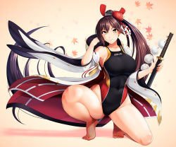 Rule 34 | 1girl, azur lane, breasts, brown hair, cleavage, closed mouth, coat, collarbone, competition swimsuit, full body, gradient background, hair bun, hair ornament, hair ribbon, hassen (8cm), large breasts, long hair, looking at viewer, one-piece swimsuit, open clothes, open coat, red ribbon, ribbon, single hair bun, solo, squatting, standing, swept bangs, swimsuit, sword, weapon, white coat, yellow eyes, zuikaku (azur lane)
