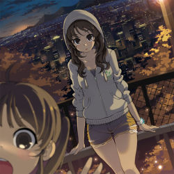 Rule 34 | 2girls, :d, :o, armcho, blurry, brown eyes, brown hair, cityscape, depth of field, dutch angle, evening, hood, hoodie, looking at viewer, multiple girls, open mouth, original, shorts, smile, thigh gap, thighs, twintails, wavy hair