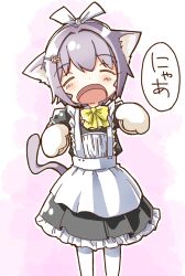 Rule 34 | 1girl, animal ear fluff, animal ears, animal hands, apron, black dress, blush stickers, bow, cat ears, cat girl, cat tail, closed eyes, commentary request, dress, facing viewer, frilled apron, frilled dress, frills, gloves, grey hair, hair intakes, highres, idolmaster, idolmaster cinderella girls, idolmaster cinderella girls starlight stage, kemonomimi mode, koshimizu sachiko, long sleeves, maid, maid headdress, open mouth, pantyhose, paw gloves, pink background, puffy long sleeves, puffy sleeves, solo, standing, tail, translation request, white apron, white background, white gloves, white pantyhose, yellow bow, yukie (kusaka shi)