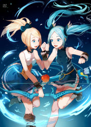 Rule 34 | 2girls, apple, aqua hair, arrow (projectile), bad id, bad pixiv id, blonde hair, blue eyes, bow, bow (weapon), fen renlei, food, fruit, fur trim, hair bow, holding hands, idunn &amp; idunna, multiple girls, ponytail, puzzle &amp; dragons, quiver, siblings, sisters, twintails, water, weapon
