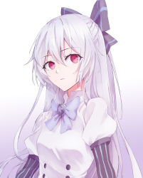 Rule 34 | 1girl, black bow, blue bow, blue stripes, bow, breasts, brooch, dress, elbow gloves, eyelashes, girls&#039; frontline, gloves, gradient background, grey hair, hair bow, highres, jewelry, juliet sleeves, long hair, long sleeves, looking at viewer, parted lips, puffy sleeves, purple background, red eyes, small breasts, solo, star (symbol), striped bow, striped clothes, striped gloves, suprii, tokarev (girls&#039; frontline), upper body, vertical-striped clothes, vertical-striped gloves, very long hair, white background, white dress