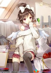 Rule 34 | 1girl, apple, bare shoulders, between legs, black thighhighs, blush, bow, brown hair, clipboard, cocorip, collared shirt, company name, copyright name, easel, food, frigg, fruit, hair bow, hand between legs, holding, holding paintbrush, off-shoulder, off-shoulder sweater, off shoulder, paintbrush, pink eyes, plaid, plaid skirt, pleated skirt, qurare magic library, ribbed sweater, sculpture, shirt, short hair, sitting, skirt, sleeveless, sleeveless shirt, sleeves past wrists, solo, sweater, thighhighs, watermark, white bow, white wings, window, wings, zettai ryouiki