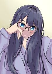 1girl bespectacled black-framed_eyewear blue_eyes blue_hair blue_shirt blush closed_mouth commentary dark_blue_hair glasses glasses_day hair_down hand_on_own_cheek hand_on_own_face highres kaudon link!_like!_love_live! long_hair long_sleeves looking_at_viewer love_live! murano_sayaka shirt smile solo split_mouth upper_body virtual_youtuber yellow_background