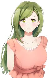 Rule 34 | 1girl, arms behind back, bow, earrings, green eyes, green hair, idolmaster, idolmaster shiny colors, jewelry, long hair, looking at viewer, nanakusa hazuki, necklace, neofreet, pearl earrings, pink bow, pink shirt, shirt, short sleeves, simple background, smile, solo, standing, upper body, white background