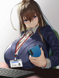 Rule 34 | 1girl, ahoge, blue eyes, blue jacket, blush, breast rest, breasts, breasts on table, brown hair, cellphone, closed mouth, collared shirt, commentary request, grey background, hair between eyes, highres, id card, jacket, keyboard (computer), lanyard, large breasts, long hair, long sleeves, oekakizuki, office lady, original, phone, senpai (oekakizuki), shirt, simple background, smartphone, solo, upper body, white shirt