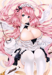 Rule 34 | 1girl, aqua eyes, azur lane, breasts, broom, broom riding, cleavage, cleavage cutout, clothing cutout, dress, feathered wings, feathers, frilled hairband, frills, hairband, highres, holding, holding wand, large breasts, long hair, looking at viewer, marker (medium), mktr (princess mktr), nail polish, pink hair, solo, theseus (azur lane), thighhighs, traditional media, wand, white dress, white thighhighs, wings