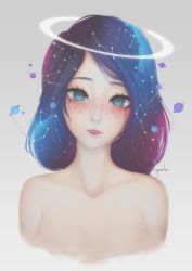 Rule 34 | 1girl, absurdres, angel, artist name, bare shoulders, black hair, blue eyes, blue hair, blush, collarbone, crying, crying with eyes open, eyebrows, halo, highres, long hair, looking at viewer, multicolored hair, nude, original, parted lips, ryumikooo, smile, solo, swept bangs, tears, two-tone hair, upper body