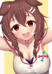 Rule 34 | 1girl, :3, :d, animal ears, armpits, bare shoulders, blush, bone hair ornament, braid, breasts, brown background, brown eyes, brown hair, cartoon bone, cleavage, commentary request, dog ears, dress, fangs, grey background, hair between eyes, hair ornament, hair over shoulder, highres, hololive, inugami korone, inugami korone (1st costume), long hair, looking at viewer, medium breasts, open mouth, reaching, reaching towards viewer, sleeveless, sleeveless dress, smile, solo, teeth, twin braids, two-tone background, uneg, upper body, upper teeth only, virtual youtuber, white dress