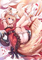 Rule 34 | 1girl, animal ear fluff, animal ears, arm strap, armpits, arms up, blonde hair, bloomers, blue eyes, blush, breasts, choker, commentary request, dress, fox ears, fox girl, fox tail, hair between eyes, halter dress, halterneck, highres, jewelry, legs up, looking at viewer, necklace, open mouth, original, red dress, ribbon, sakura ani, short hair, small breasts, solo, tail, thigh strap, tiara, underwear, wrist cuffs