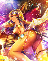 Rule 34 | 1girl, animal ears, arms up, ass, bare shoulders, blue nails, blush, breasts, company name, dark-skinned female, dark skin, eu (euspia), jewelry, large breasts, long hair, looking at viewer, maboroshi juuhime, nail polish, parted lips, purple hair, sideboob, solo, tail, yellow eyes