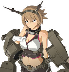 Rule 34 | 1girl, 3d, arm behind back, bare shoulders, black skirt, blush, breasts, brown hair, cleavage, closed mouth, collar, collarbone, flipped hair, gloves, green eyes, hair between eyes, headgear, highres, kantai collection, large breasts, looking at viewer, midriff, mutsu (kancolle), navel, pleated skirt, ponpu-chou, rigging, short hair, simple background, skirt, smokestack, solo, turret, upper body, white background, white gloves