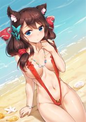 Rule 34 | 1girl, animal ears, azur lane, bare shoulders, beach, bead bracelet, bead necklace, beads, blue eyes, blush, bow, bracelet, breasts, brown hair, butterfly hair ornament, cat ears, closed mouth, collarbone, covered erect nipples, fusou (azur lane), hair between eyes, hair bow, hair ornament, highres, hip focus, jewelry, long hair, looking at viewer, medium breasts, miazi, navel, necklace, one-piece swimsuit, red bow, red one-piece swimsuit, side ponytail, sitting, slingshot swimsuit, smile, solo, swimsuit, thighs