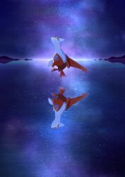 creatures_(company) floating game_freak gen_3_pokemon highres latias legendary_pokemon looking_up midair night nintendo no_humans outdoors pokemon pokemon_(creature) red_wings reflection rokokolt solo star_(sky) wings