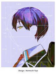 Rule 34 | 1boy, argyle clothes, argyle necktie, azuma kurumi, black jacket, blazer, blue background, border, character name, closed mouth, collared shirt, dotted line, expressionless, from side, geometry, golden spiral, green eyes, highres, invisible, jacket, kenmochi touya, kenmochi touya (1st costume), looking at viewer, looking to the side, male focus, measurements, necktie, nijisanji, open clothes, open jacket, portrait, profile, purple hair, red necktie, shirt, short hair, solo, white border, white shirt