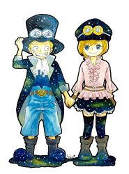 Rule 34 | 1boy, 1girl, artist name, ascot, bandaid, bandaid on face, belt, blonde hair, blue eyes, boots, brown gloves, commentary request, frilled shirt, frills, gloves, goggles, goggles on headwear, hanakotoba28, hand on headwear, hat, highres, holding hands, koala (one piece), looking at another, one piece, pink shirt, sabo (one piece), shirt, short hair, shorts, simple background, skirt, smile, starry sky print, thighhighs, top hat, white ascot, white background