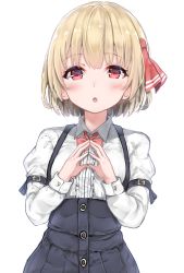 Rule 34 | 1girl, :o, alternate costume, arm belt, belt, blonde hair, blush, bow, bowtie, hair ribbon, long sleeves, looking at viewer, red bow, red bowtie, red eyes, red ribbon, ribbon, rumia, short hair, simple background, solo, steepled fingers, touhou, upper body, white background, wowoguni