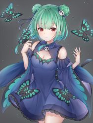 Rule 34 | 1girl, absurdres, breasts, bug, butterfly, cleavage, detached sleeves, dress, gothic lolita, green hair, hair bun, hair ornament, highres, hololive, insect, lolita fashion, long sleeves, looking at viewer, poe (528yuzunon), red eyes, simple background, skull hair ornament, small breasts, solo, uruha rushia, uruha rushia (1st costume), virtual youtuber