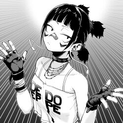 1girl absurdres alternate_costume audio_jack bandaid bandaid_on_face bandaid_on_nose bare_shoulders bead_necklace beads boku_no_hero_academia bracelet choker collarbone fingerless_gloves gloves high_ponytail highres jewelry jirou_kyouka long_earlobes low_ponytail mangakashibou monochrome necklace ring short_hair short_ponytail spaghetti_strap wrist_belt