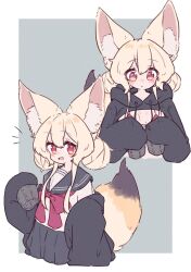 Rule 34 | 1girl, :d, absurdres, animal ears, black jacket, black sailor collar, black skirt, blonde hair, blush, bow, breasts, commentary request, cropped torso, double bun, drawstring, fox ears, fox girl, fox tail, grey background, hair between eyes, hair bun, highres, hood, hood down, jacket, long sleeves, megateru, multiple views, off shoulder, open clothes, open jacket, open mouth, original, pleated skirt, puffy long sleeves, puffy sleeves, red bow, red eyes, sailor collar, school uniform, serafuku, shirt, shrug (clothing), skirt, sleeves past fingers, sleeves past wrists, small breasts, smile, tail, two-tone background, white background, white shirt