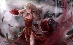 Rule 34 | 1girl, :d, arch bishop (ragnarok online), arm behind head, arm up, aura, bio lab, blonde hair, breasts, cleavage, dress, feathers, floating hair, grey dress, grey feathers, high collar, highres, juliet sleeves, lace-trimmed sleeves, lace trim, long hair, long sleeves, looking at viewer, margaretha sorin, medium breasts, open mouth, parted bangs, pelvic curtain, puffy sleeves, ragnarok online, red dress, red eyes, red pupils, sail (sail-away), side slit, smile, solo, standing, teeth, thighhighs, two-tone dress, upper teeth only, white thighhighs